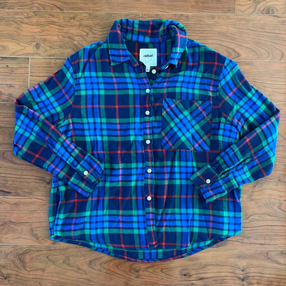 Aerie Blue and Green Button Down Long Sleeve Flannel Shirt Top